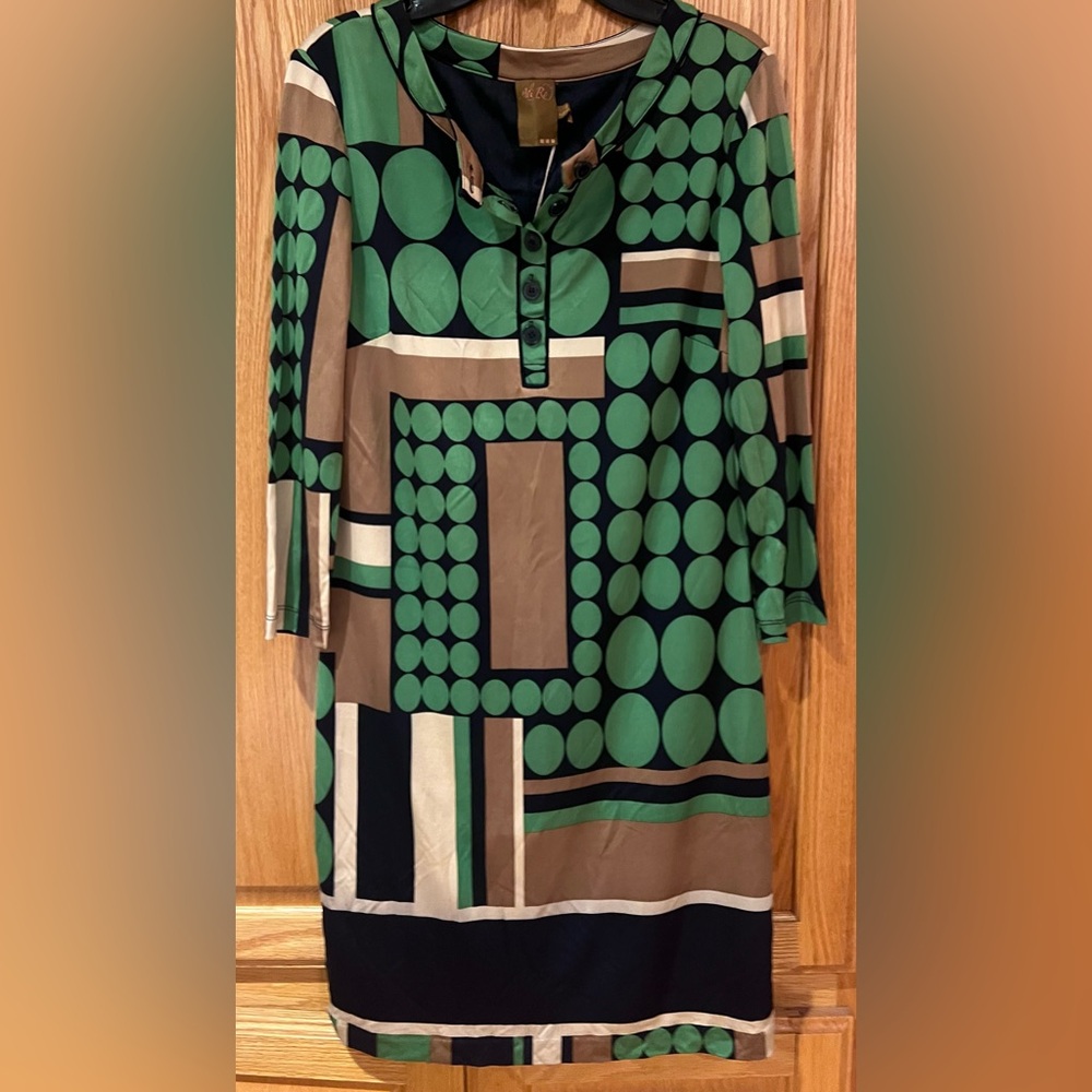 Ali Ro Geometric Print‎ 3/4 Sleeve Button Placket Silk Mini Shift Dress Size 8